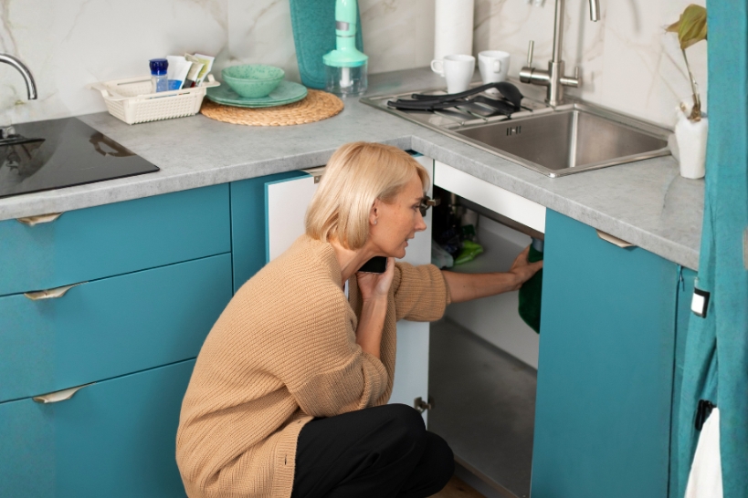 Homeowner checking a clogged kitchen drain under the sink while calling a plumber.