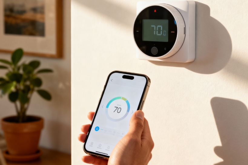 Homeowner configuring a smart thermostat with a phone to maximize AC energy savings.