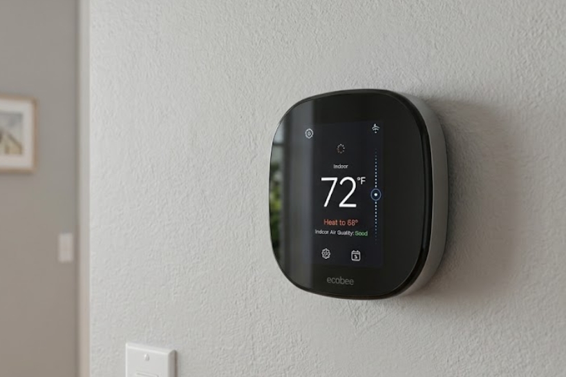 Ecobee smart thermostat displaying indoor temperature and heating settings in a home.