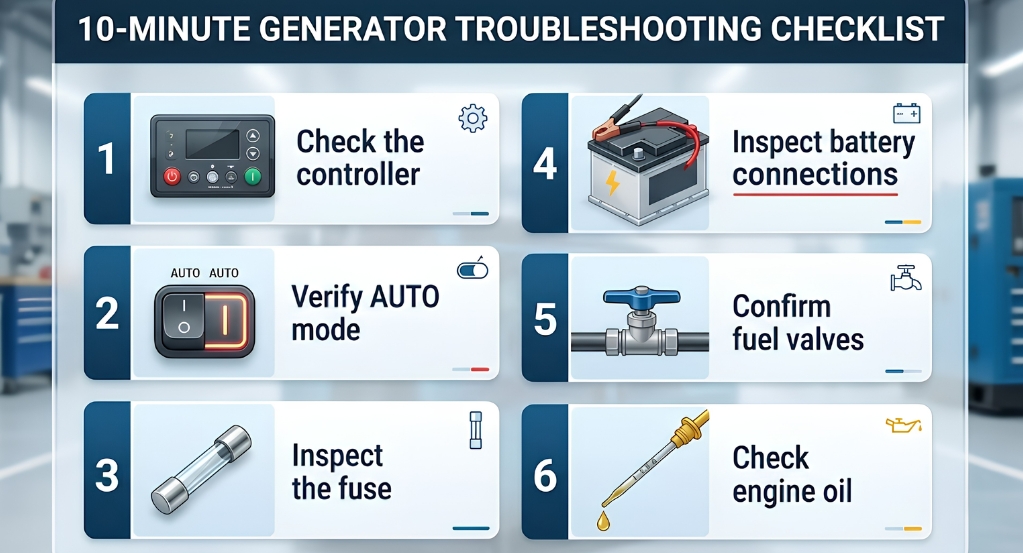 Generator troubleshooting checklist with six steps to diagnose common generator problems.