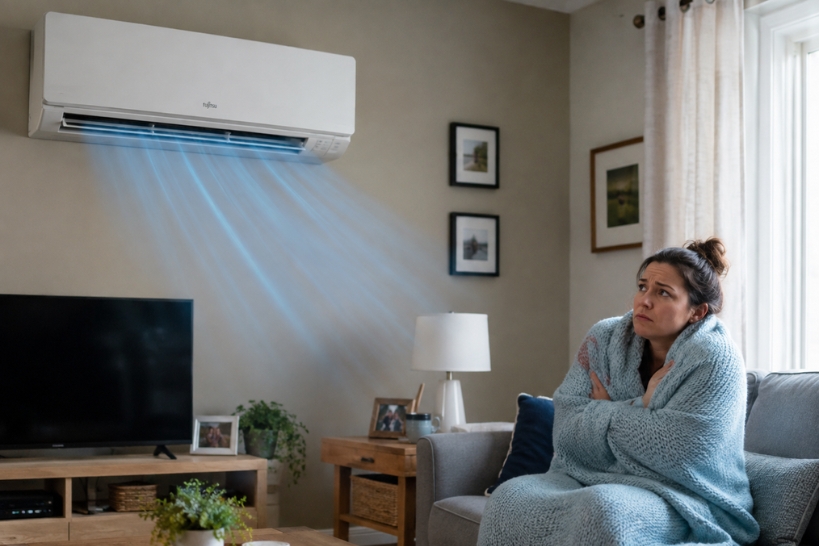 Woman wrapped in a blanket while a wall-mounted heat pump blows cold air into the room.
