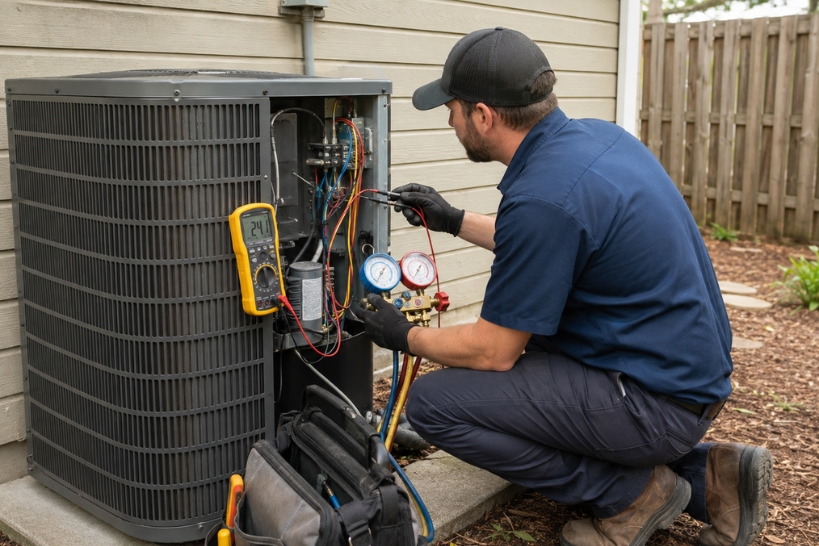 HVAC technician diagnosing and repairing an outdoor heat pump system with gauges and a multimeter.