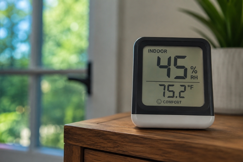 Indoor humidity monitor showing 45% relative humidity inside an Alabama home.