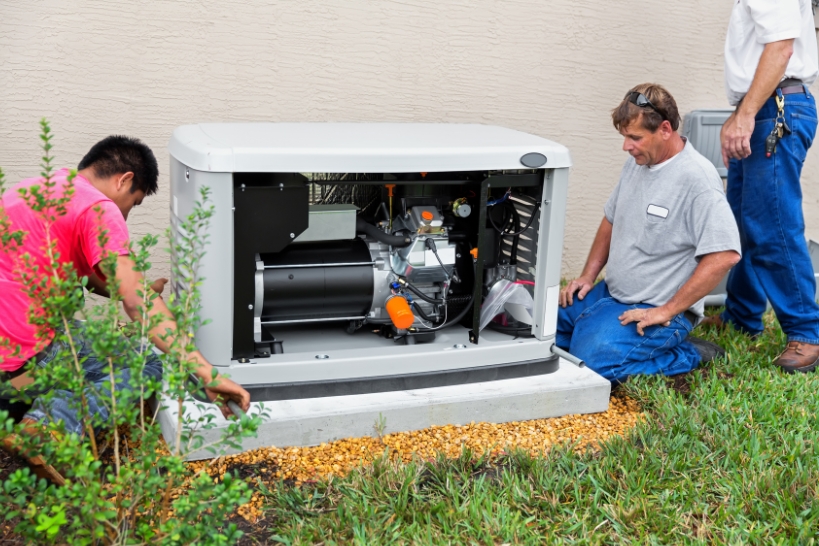 Technicians servicing and inspecting a residential standby generator outside a home.