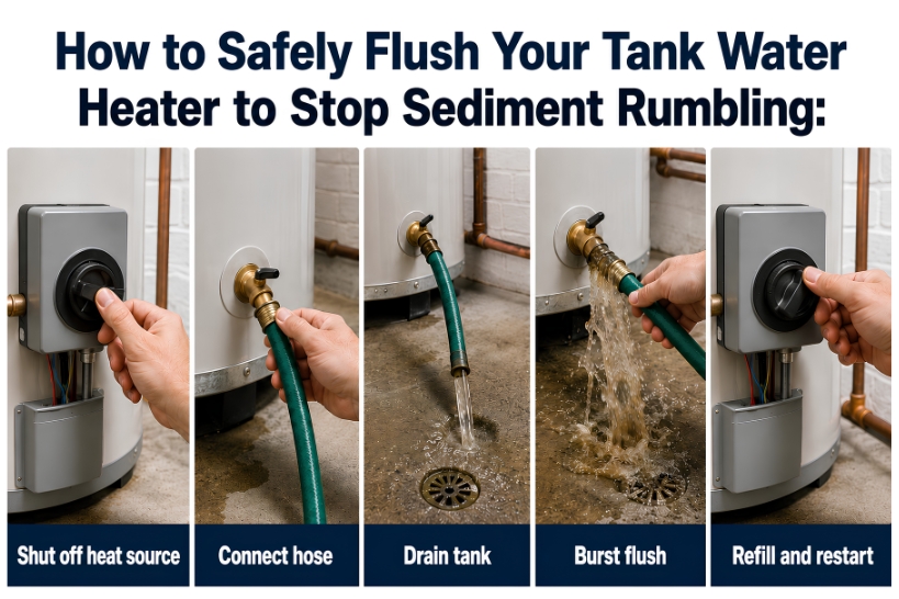Step-by-step infographic showing how to safely flush a tank water heater to remove sediment buildup.