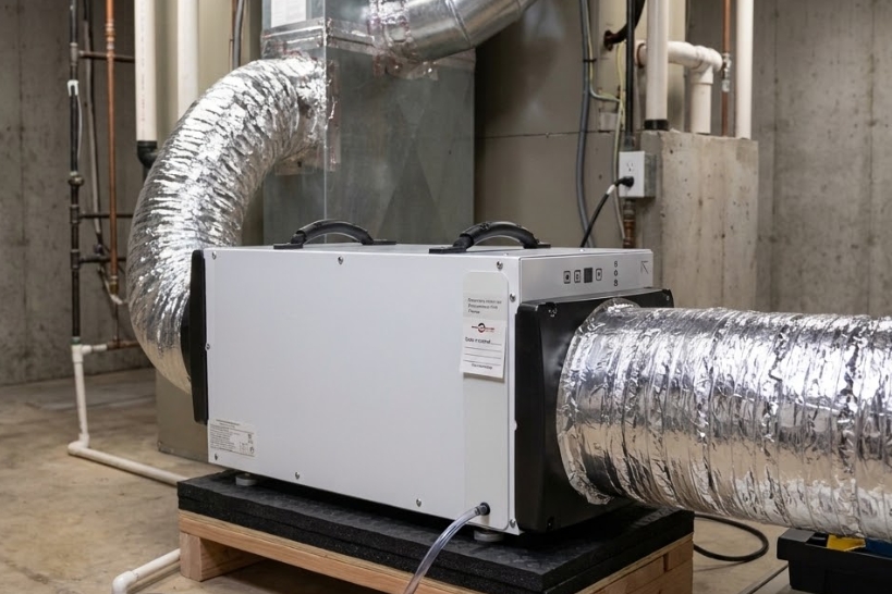 Whole-home dehumidifier connected to HVAC ductwork in an Alabama basement.
